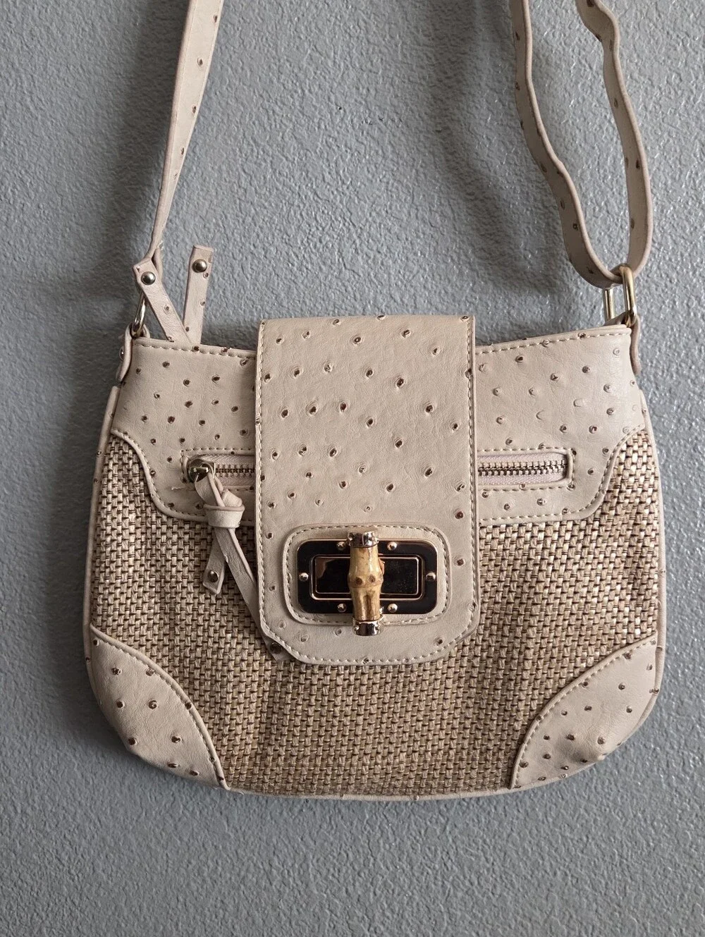Tan Straw Faux Ostrich Embossed Crossbody Bag Bamboo & Gold Twist Lock